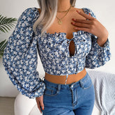 Anita - Blue Floral Print Chiffon Crop Top